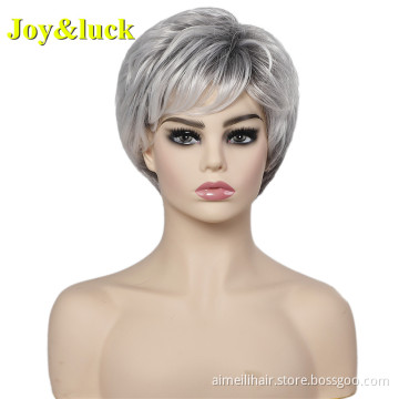 Ombre Grey for Women Ladies Hair Wig With Bangs Party Hair Wholesale Wigs Silver Gray Natural Straight Short Synthetic Hair Wigs